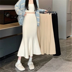 A-line Fishtail Skirt Women's Autumn New Long High Waist Slim Fit Knitted Skirts - Picture 1 of 26