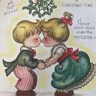 Vtg Christmas Card Boy Girl Kissing Under Mistletoe Art Deco 1940S