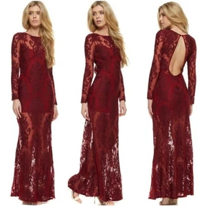 For Love & Lemons Maxi Dress Sz Medium Burgundy Ethereal Sheer Lace Long Sleeve - Picture 1 of 10