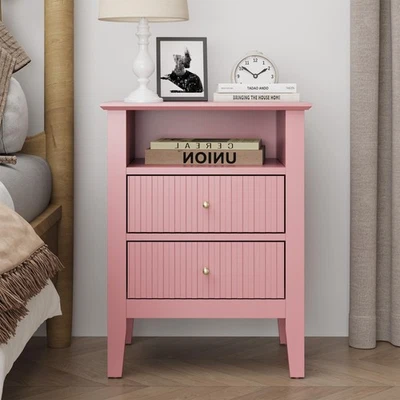 Mesita de Noche Acanalada, Mesita de Noche Ancha con 2 Cajones, Mesa auxiliar de madera de 23" de Alto con... Foto 1 de 4