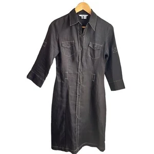 Zara Women's Sz Medium Brown Ramie Linen Shirt Dress white stitched Minimalist - Picture 1 of 12