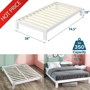 10" Twin Size White Metal Platform Bed Frame Wooden Slat Support 350 lbs Beds - Picture 1 of 12