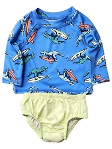 Infant Boys Blue Surfing Dinosaur Rash Guard Shirt & Swim Trunks Set - Picture 1 of 2