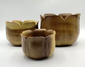 Vintage Set of 3 Hand Carved Monkey Pod Wooden Tulip Flower Nesting Bowls - Picture 1 of 11