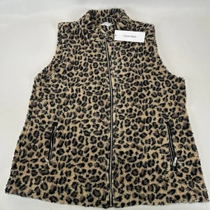 Calvin Klein Women’s Sherpa Leopard Print Vest Gold Zips Zipper XL NWT - Picture 1 of 6