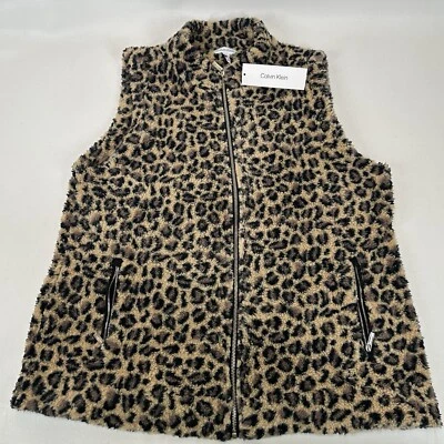 Chaleco para mujer Calvin Klein Sherpa estampado de leopardo cremalleras doradas cremallera XL NUEVO CON ETIQUETAS Foto 1 de 4