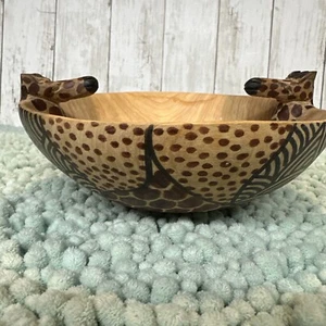 Wooden Hand Carved Giraffe Bowl Dish Safari Style 7"Diameter - Picture 1 of 10