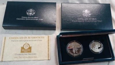 1992-P Columbus Proof Silver Dollar & Half US Mint 2 Coin Set OGP Box COA - Image 1 of 4