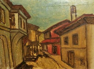 Vintage expressionist gouache painting cityscape houses signed - Picture 1 of 12