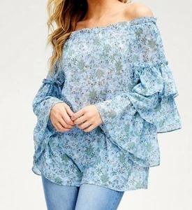 NEW Solution Off Shoulder Long Sleeve Ruffle Blouse Cute with Bunnies Size M - Picture 1 of 11