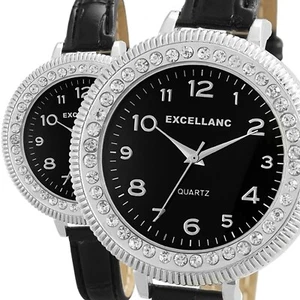 Excellanc Damenuhr Schwarz Silber Analog Kunst Leder Strass Crystals Quarz