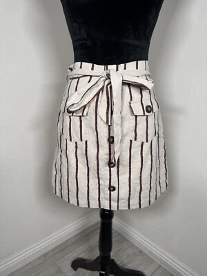Striped Cotton Linen Blend Knee-Length Skirt With Button Front & Tie Waist - Изображение 1 из 4