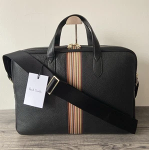 Paul Smith Cuero Negro Firma Rayas Insertar Carpeta Bandolera Venta - Imagen 1 de 18