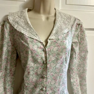 Abito Vintage Laura Ashley UK12 US10 Rosa Verde Floreale Collare Pizzo Gran Bretagna - Foto 1 di 20