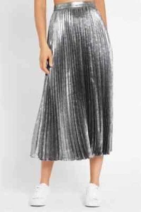 Sass Bide Live it Up Silk Mix Silver Pleated Sunray Lined Skirt Midi Size 6 - Picture 1 of 10
