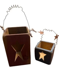 Primitives By Kathy Wooden Star Lanterns Set Of 2 With Wire Handles Wooden - Picture 1 of 5