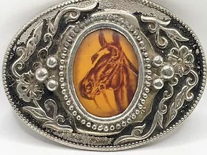 Western Belt Buckle Transfer Print Horse Cabochon Silver Tone Stamped Metal 0324 - Picture 1 of 4