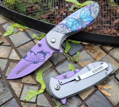 Butterfly Print Spring Assisted Pocket Knife Tip Up Carry All Metal Frame Lock - Image 1 of 4
