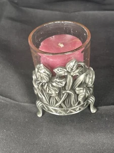 Vintage Pewter Iris And Rhinestone Design Votive Candle Holder, 3" tall. - Picture 1 of 13