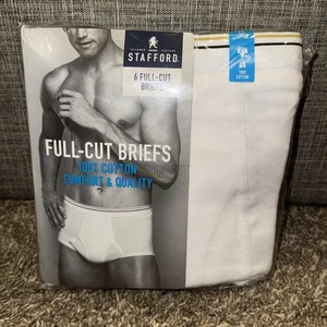 NIP Men’s Stafford 6 Pair 100% Ringspun Cotton Full-Cut White Briefs Size 44 NEW - Picture 1 of 8