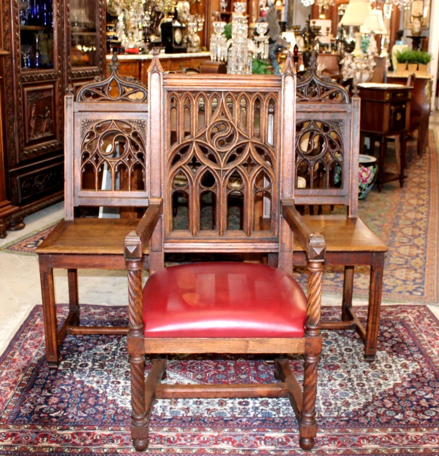 Conjunto de 3 cadeiras/cadeiras de escritório francesas antigas de carvalho gótico e 2 cadeiras - Imagem 1 de 4