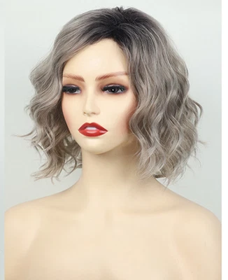 Perucas de cabelo sintético curtas onduladas enraizadas cinza mistura feminina macia natural uso diário - Imagem 1 de 4