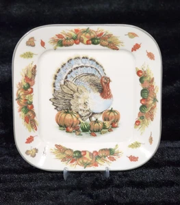 2 FRANKLIN TURKEY Square Salad Plates 8" Thanksgiving 222 Fifth Pumpkins Leaves - Picture 1 of 12