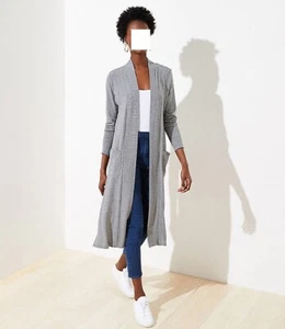 Ann Taylor Loft ~ STRIPED POCKET DUSTER SWEATER ~ Lt Heather Grey ~ Small ~ NWT - Picture 1 of 3
