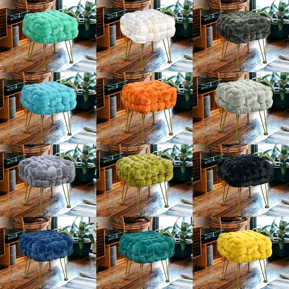 Handwoven Faux Fur Ottoman Footstool Soft Plush Pouf with Metal Legs Modern - Image 1 of 4