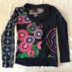 DESIGUAL WOMEN'S T-SHIRT NAVY BLUE DECORATED SMALL SIZE EU - Picture 1 of 11