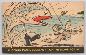 Big Fish Chasing Fisherman Changed Plans Suddenly On Move Again Funny Postcard - Picture 1 of 2