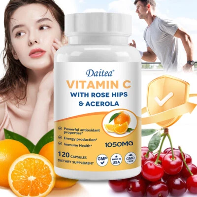 DAITEA Vitamin C Mit Hagebutten- Und Acerola-Kapseln, Starkes Antioxidans