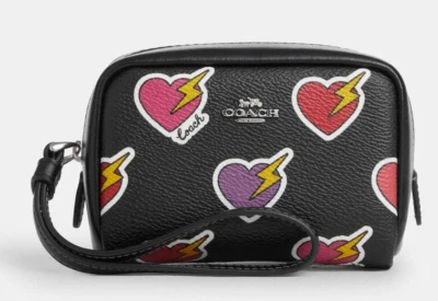 Coach Coated Canvas Pouch Wristlet w/ Heart Bolt Print ~NWT~ CW908 Black - Image 1 of 4