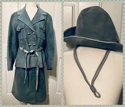 Conjunto de 3 piezas de chaqueta de gamuza azul vintage de 1970 abrigo falda sombrero y cinturones talla M/L Foto 1 de 4