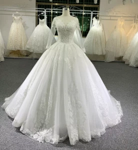Princess Glitter Wedding Dresses Long Sleeves Lace Applique Ball GownSweep Train - Picture 1 of 9