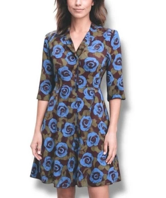 Boden | Riviera Floral Button Front Shift Dress in Brown and Blue - Size 8 Long. - Image 1 of 4