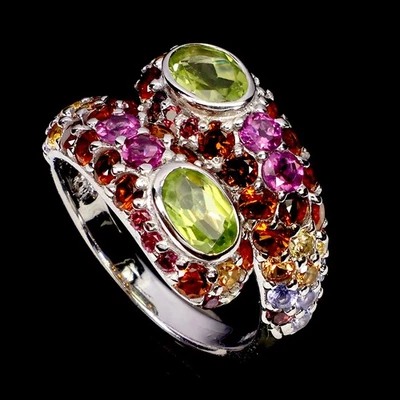 925 Sterling Silver Ring Oval Peridot 7x5mm Rhodolite Garnet Gemstone Size 8.5 - Image 1 of 4