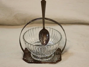Vintage  Glass Sugar  Bowl with silverplated Spoon on Hanging Holder - Picture 1 of 6
