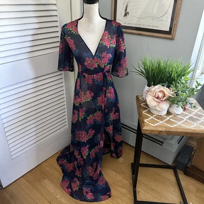 Vestido Zara Trafaluc Mujer Pequeño Azul Transparente Floral Maxi Envolvente Femenino Hada  Foto 1 de 4