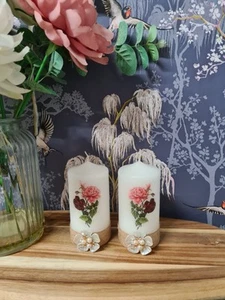 Hand Made Decoupage Floral Candles Set Of 2 - Picture 1 of 4