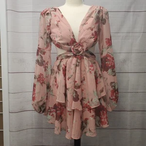 Luxxel Cut Out Tie Back Floral Dress Size Small Pink Elástic Waist Long Sleeve - Picture 1 of 12