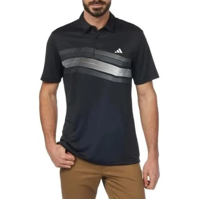 全新 Adidas Golf Polo 男式 M 黑灰色条纹涤纶衬衫 — 第 1/4 张图片