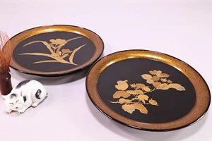 Japanese Lacquer Pair of Wooden Tray Dish 8.86inch Gold Floral Makie Meiji Era 3 - Picture 1 of 13