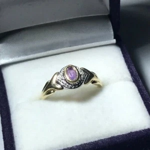 9ct Yellow Gold Diamond & Amethyst Single Stone Ring Size M Hallmarked - Picture 1 of 5