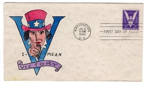 #905 Win the War 1942 WWII First Day Cover - Hand-painted Gladys Adler Patriotic - Picture 1 of 2