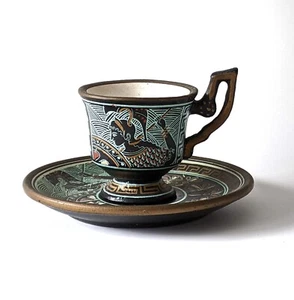 Greek Art Teacup & Saucer Hand Painted Pottery Athens Greece Museum Replica - Picture 1 of 13