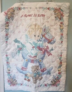 Vintage Baby Is Love Blanket Angel Rocking Horse Printed Cross Stitch Quilt Crib - Picture 1 of 8