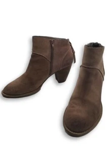 Womens Tesori Brown Ankle Boots Suede US 9.5 Booties Tan Side Zip Block Heel - Picture 1 of 7
