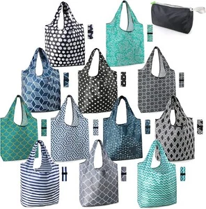 12PK Reusable Grocery Bags Foldable Washable XLarge Tote with Pouch Geometric - Picture 1 of 4