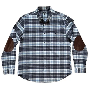 J Crew Heavy Flannel Shirt Mens Sz Large Blue Gray Plaid Leather Elbow Patches - Picture 1 of 7